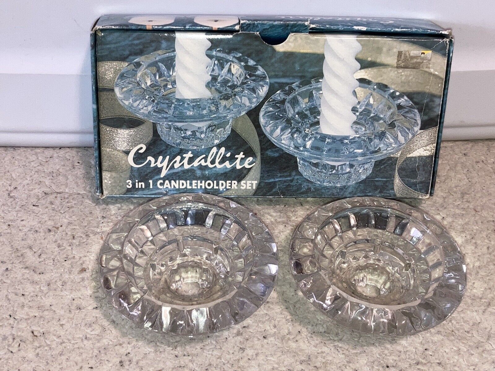 Vintage 1995 Crystallite 2 Pc Votive 3 In 1 Candleholder Set Centerpiece w/ Box