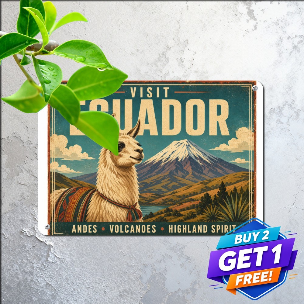 Visit Ecuador Travel Souvenir Tin Sign Vintage South America Wall Decor 8x12