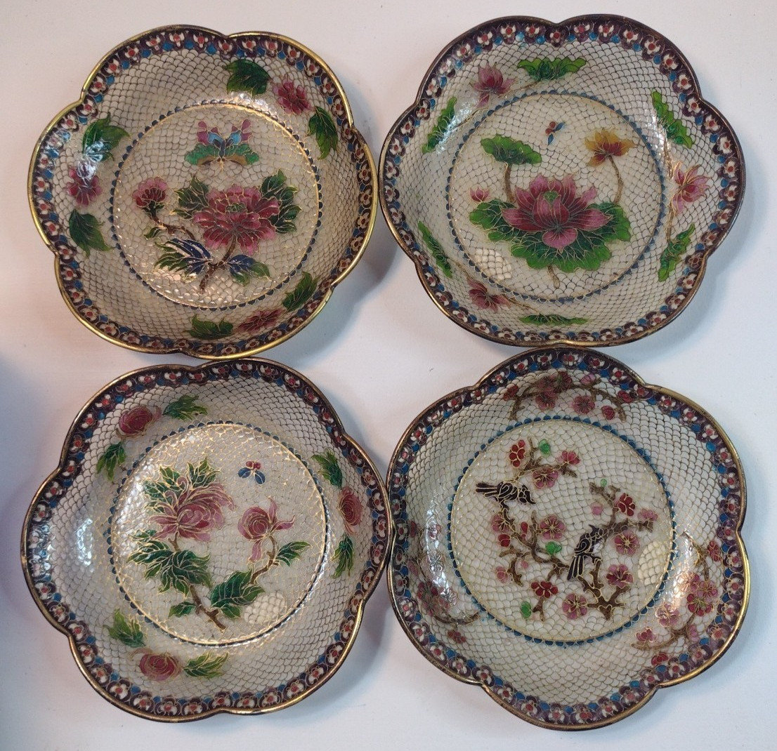 4 Vntg Plique a Jour Cloisonne Plates Flowers Small Transparent Set 4 w/ Stands 4 Vntg Plique a Jour Cloisonne Plates Flowers Small Transparent Set 4 w/ Stands