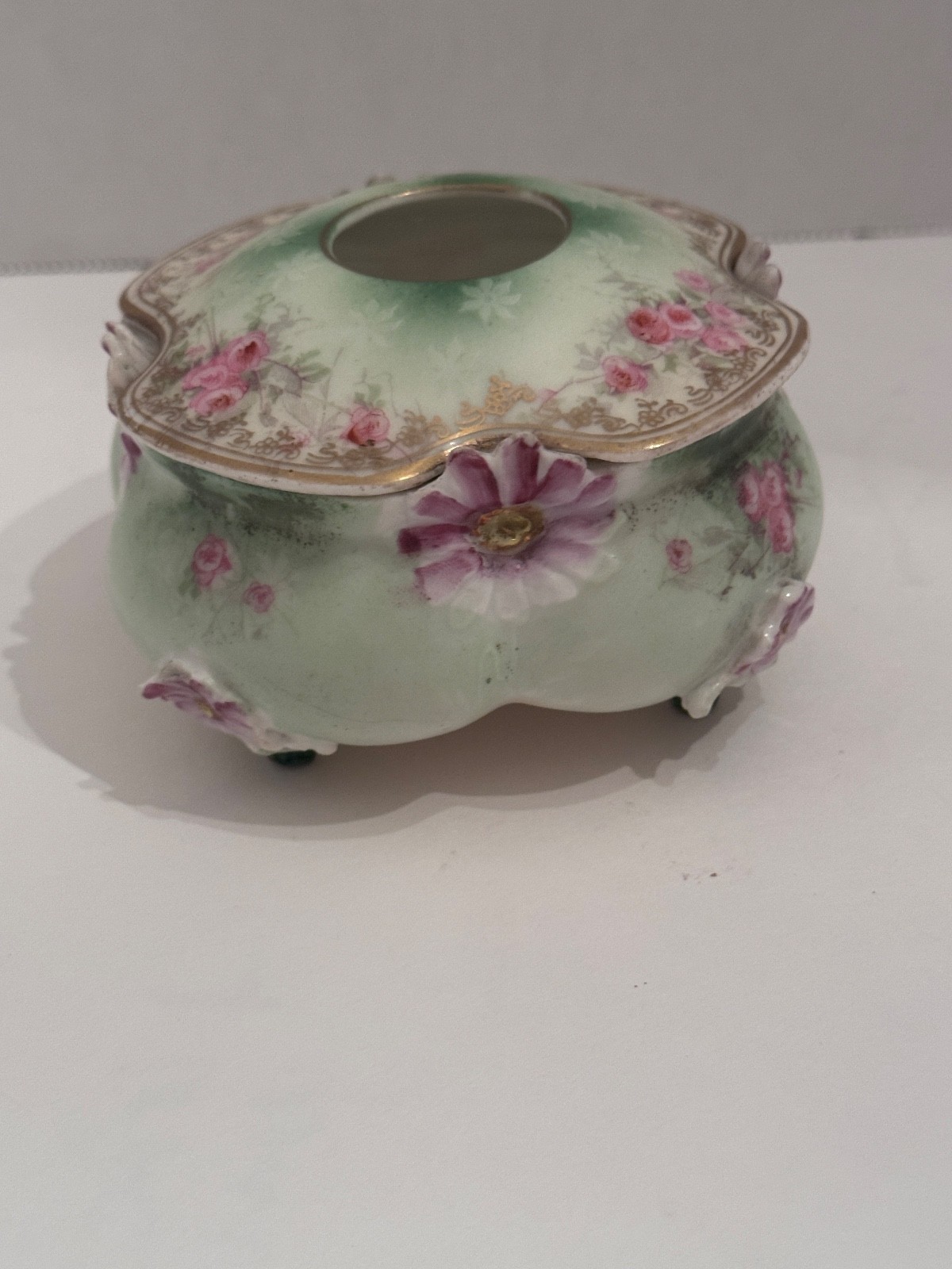 Antique RS Prussia Porcelain Hair Receiver Pink Roses Green Gold Gilt Floral
