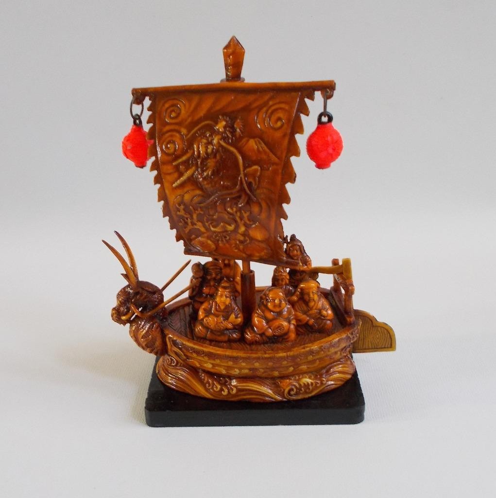 Vintage Chinese Celluliod Boat With Wood Base Dragon Buddha Asian Made In Japan