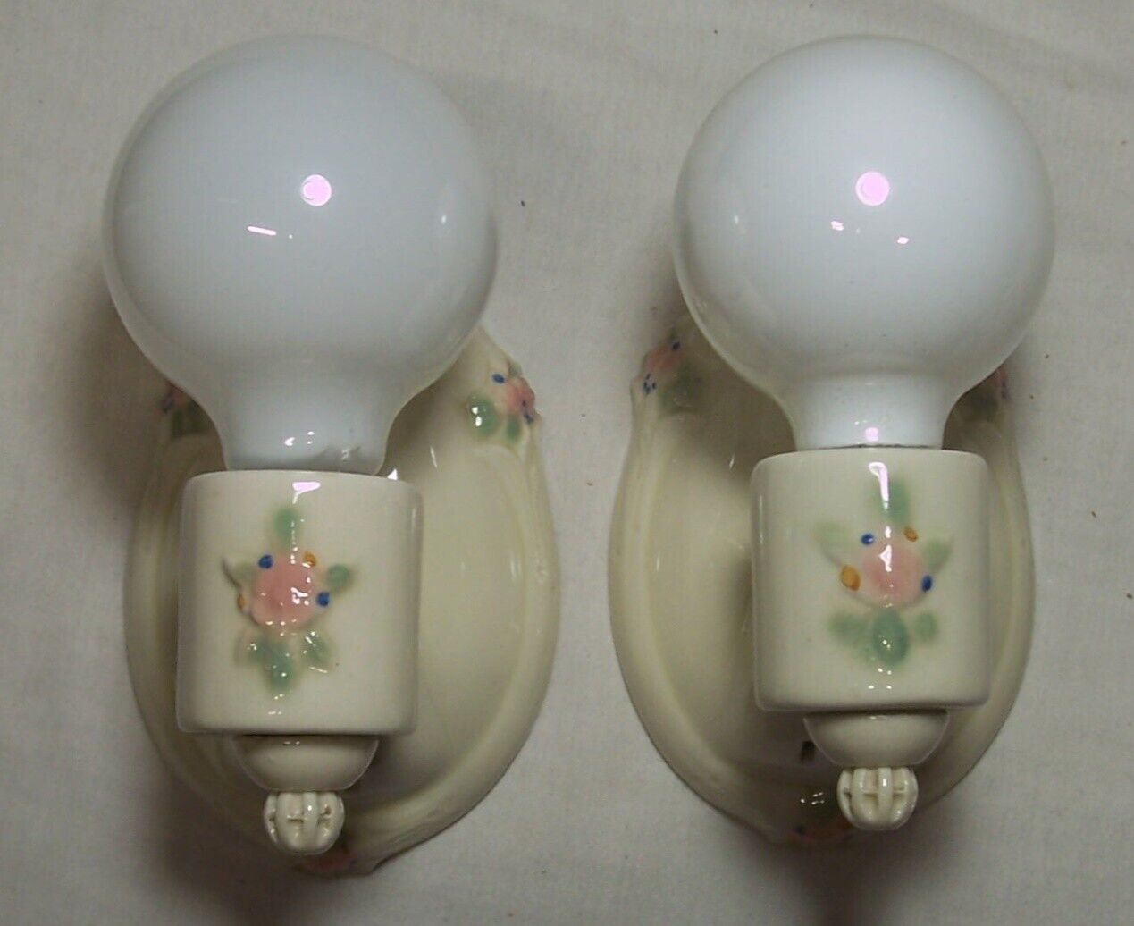 Antique Porcelain Sconce Pair Vtg Light Fixture Cabin Bath Art Rewired USA #A33
