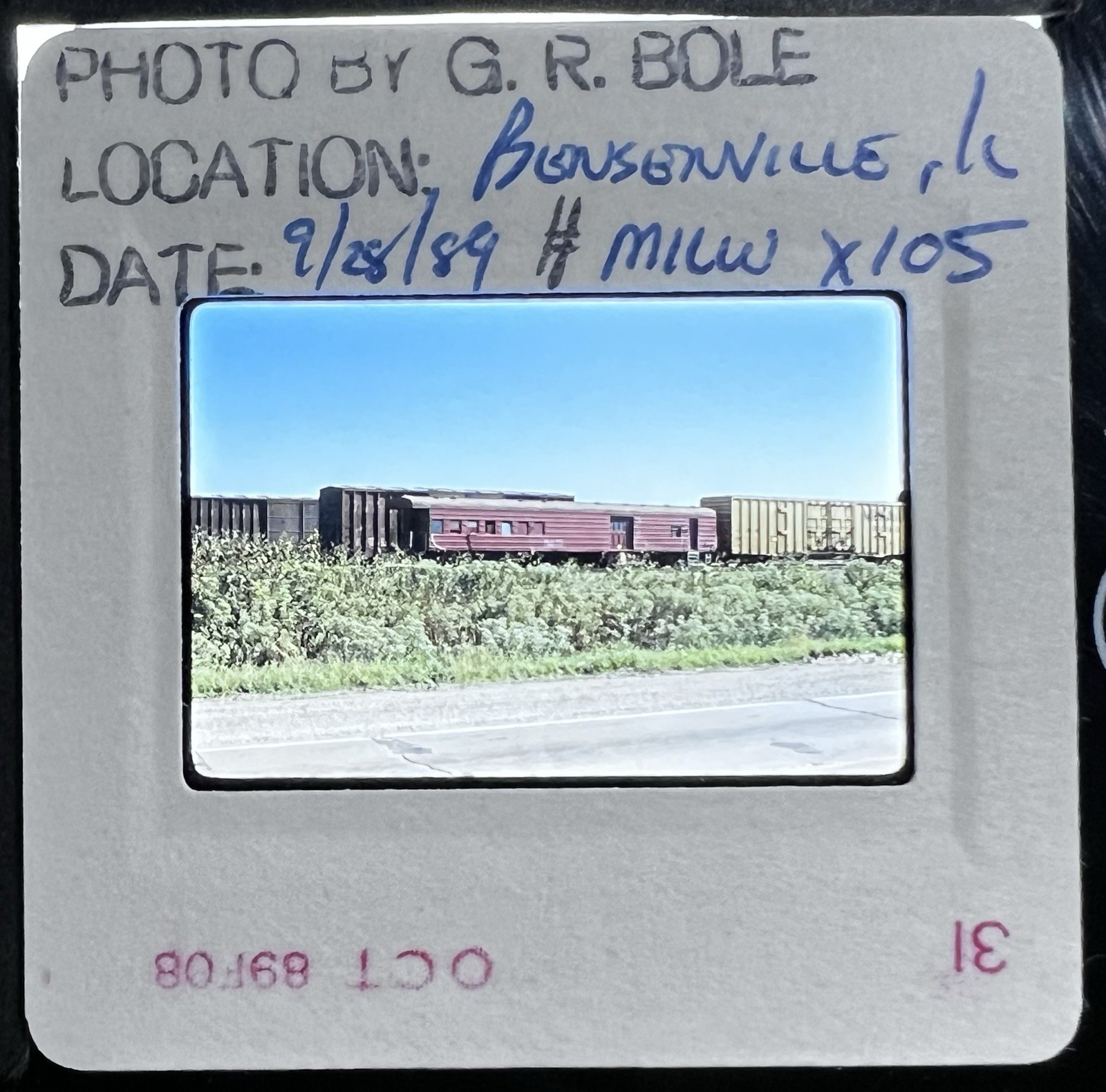 Vint 1989 35mm Train/Railroad Slide MILW X105, Milwaukee Road, Bensenville, IL