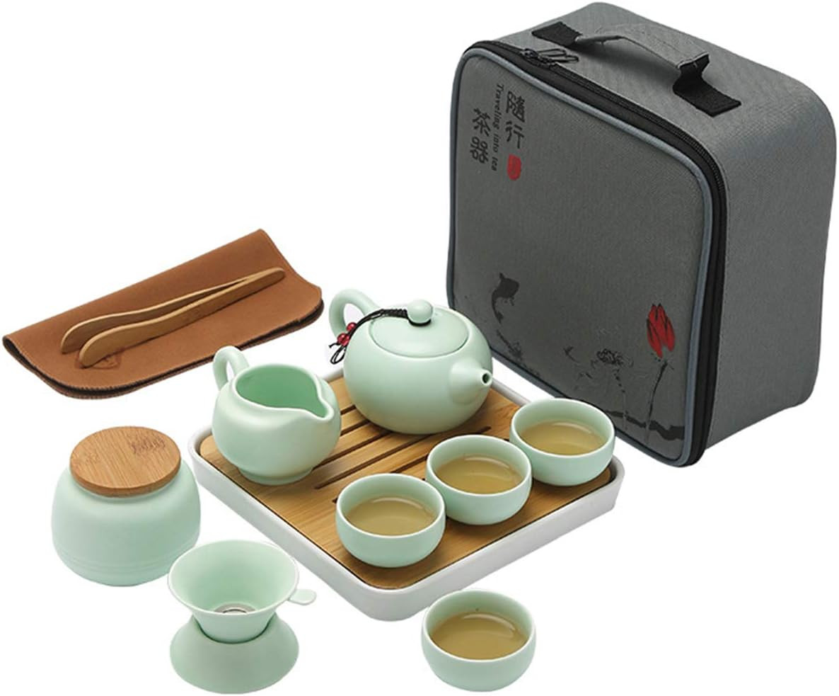 Ceramic Kungfu Tea Set - Complete Travel Tea Set with Teapot, 4 Teacups, Tea Can