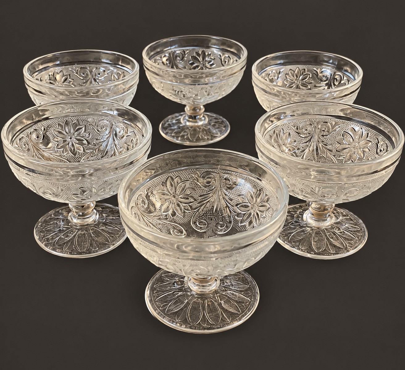 Set of 6 Indiana Glass Sandwich Clear Champagne/Tall Sherbet ~Knob Stem~ 3.50 in