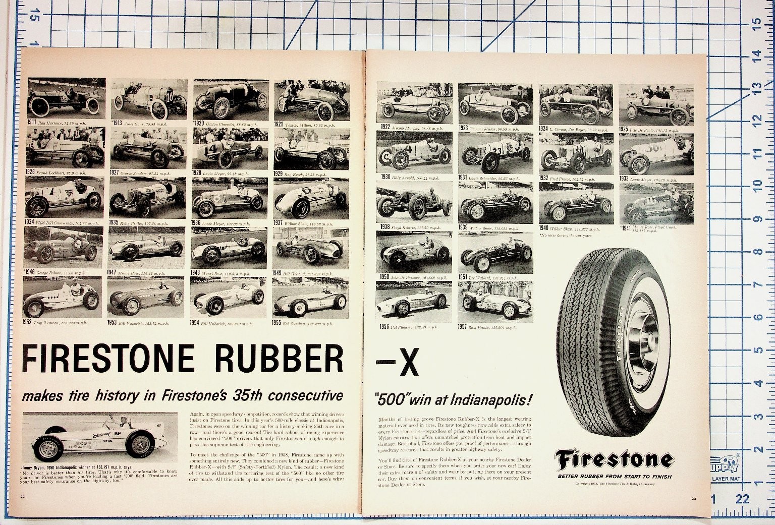 1958 Firestone Rubber Indianapolis 500 History Race Car Magazine Ad Print