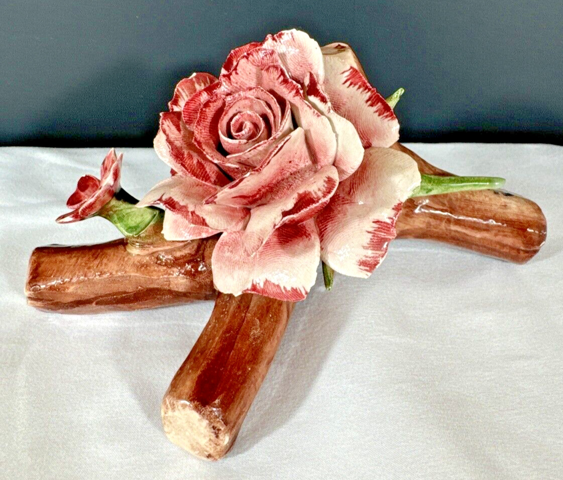 Vintage Handmade Ceramic Pink Rose On Log Figurine Sculpture Capodmonte  Italy