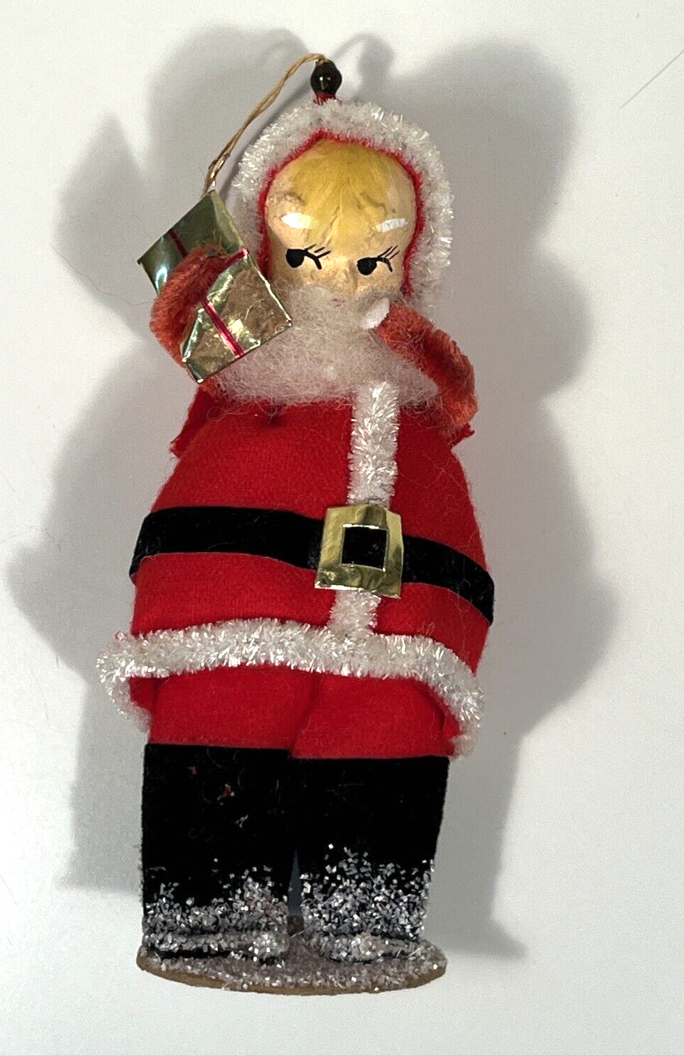 Vintage 1950s 1960s Santa Claus Paper Mache Face Felt Suit Christmas Ornament 5\