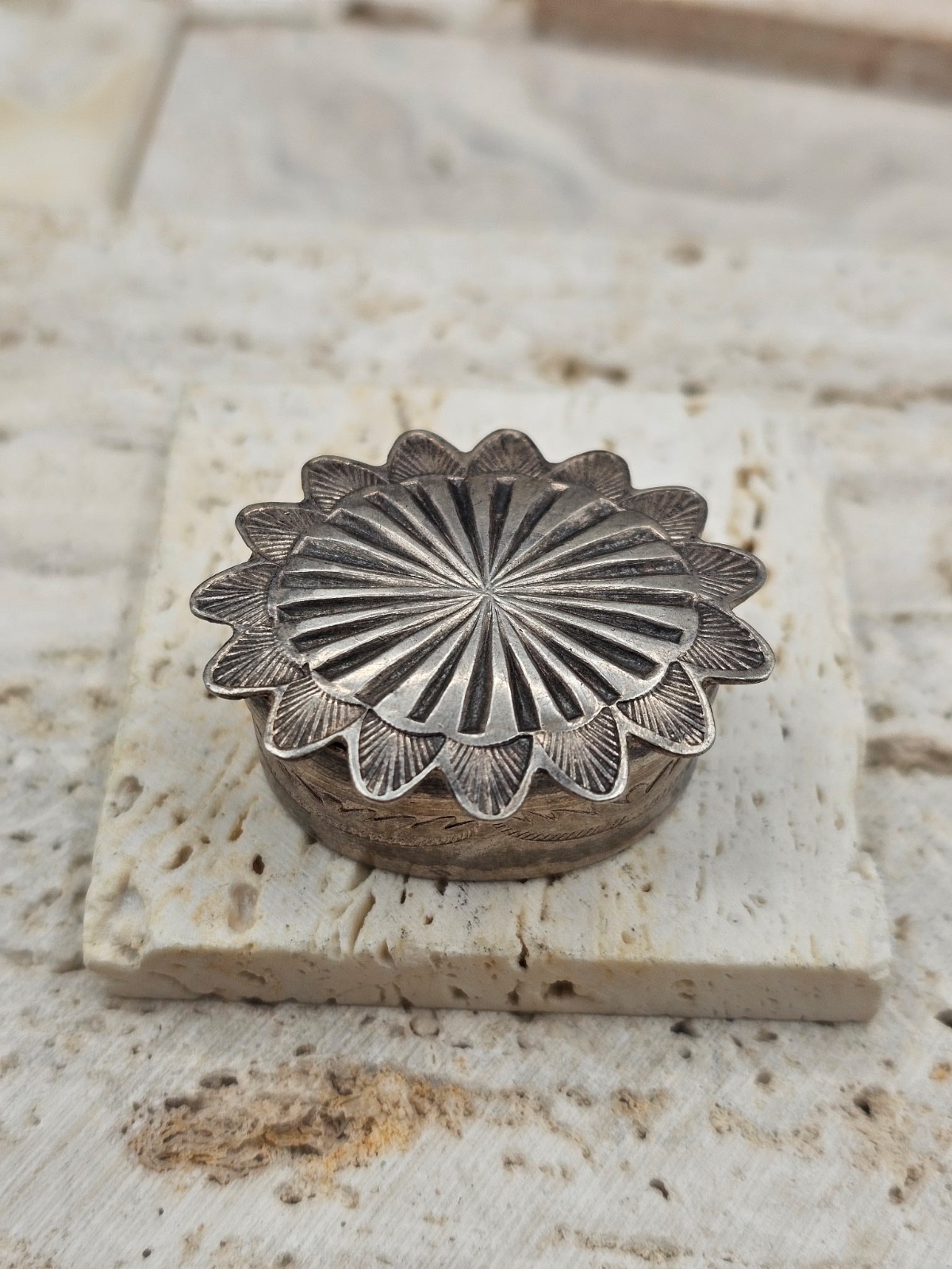Vintage Navajo Native Hand Stampwork Silver Pill Box Trinket Box