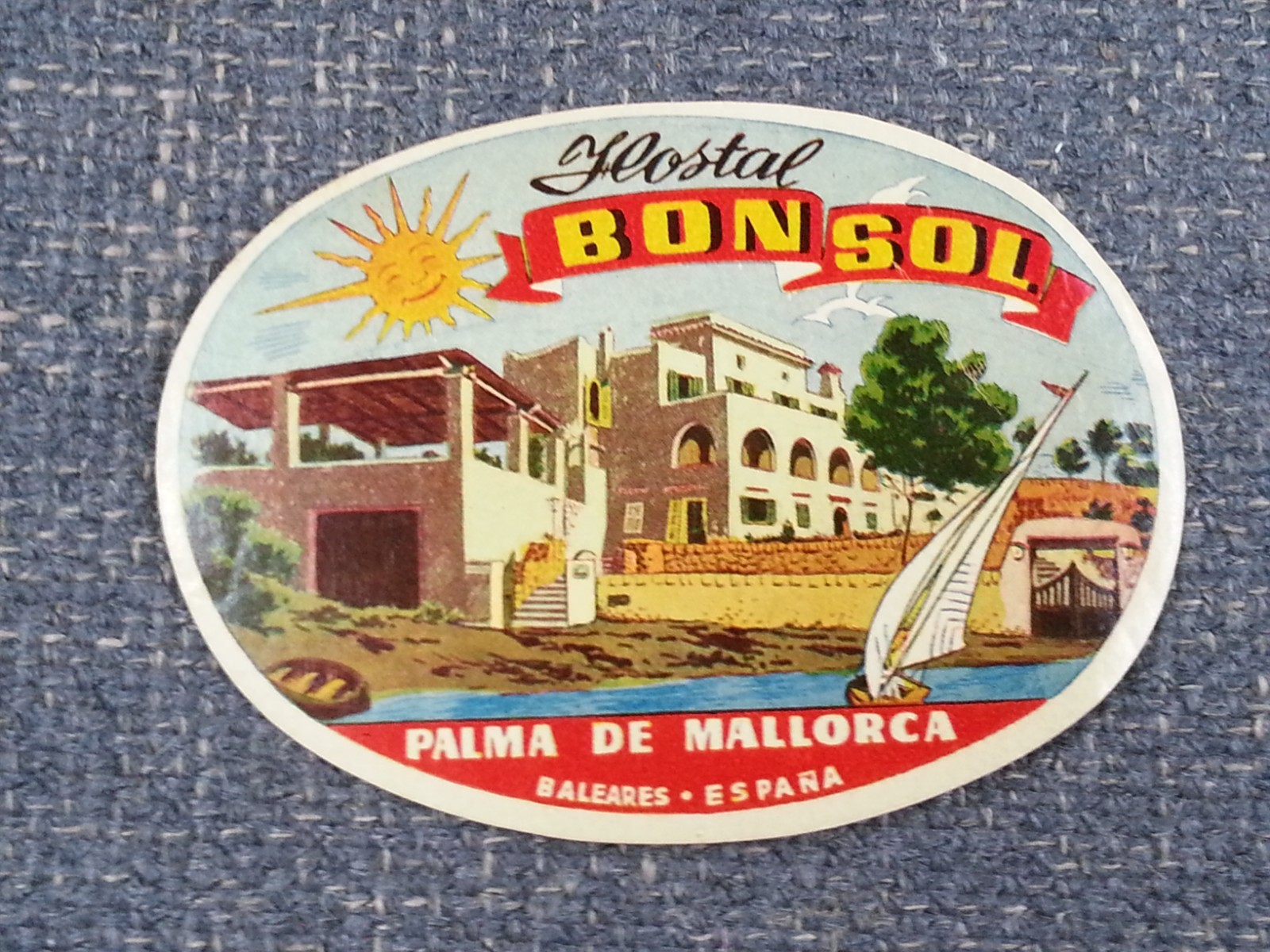 Orig Vtg 1950s Luggage Hotel Tag Label Bon Sol Hostal Palma De Mallorca Spain