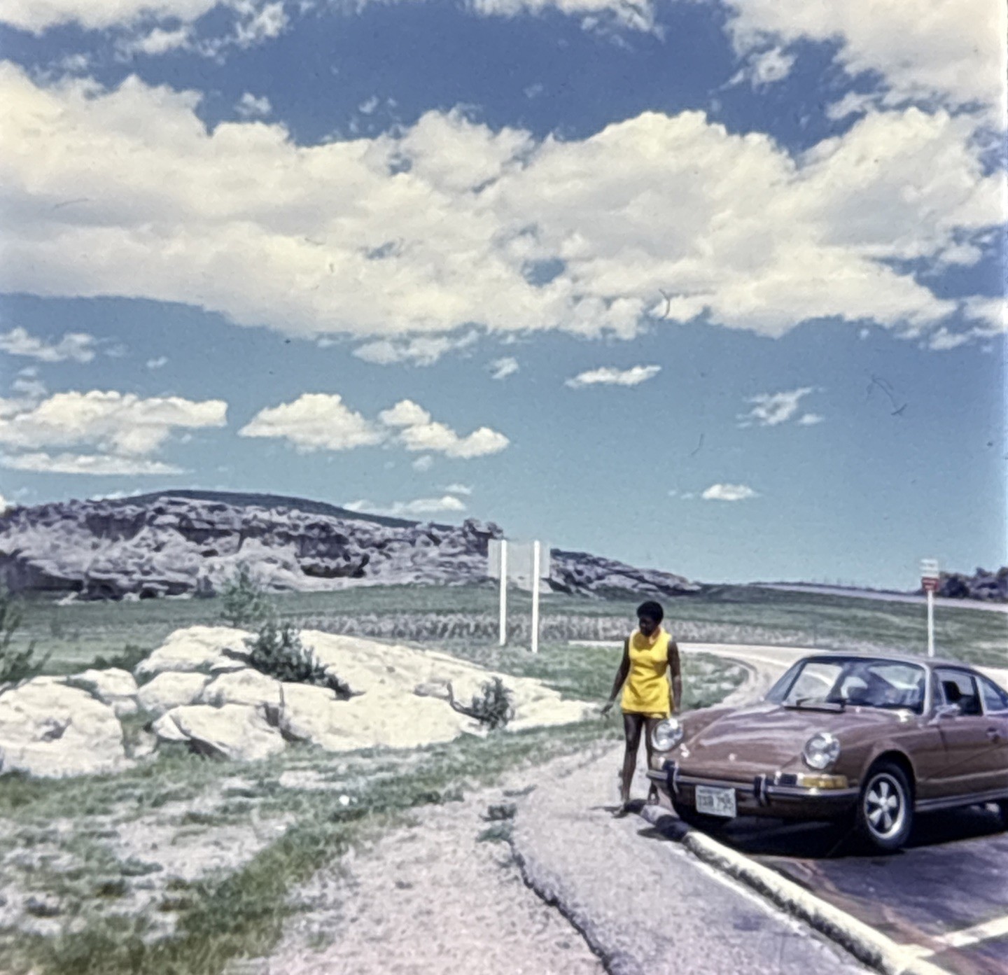Orig 1972 Slide Porsche 911 Brown Sports Car Woman Scenic Mountain Roadside H30