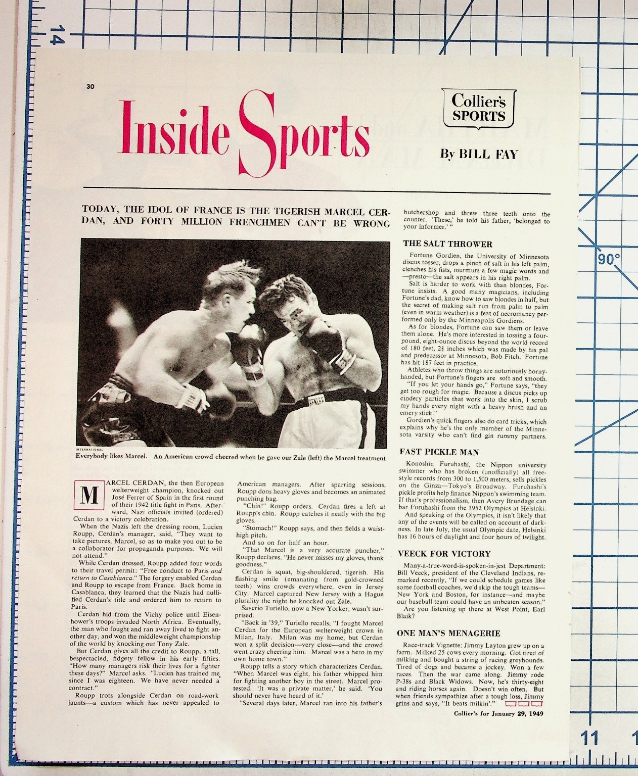 1949 Collier\'s Inside Sports Marcel Cerdan Boxer Bill Fay Magazine Article Page