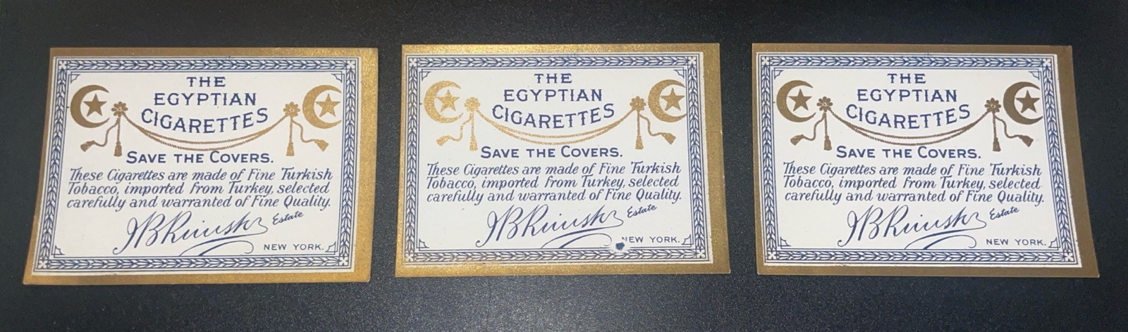 3 Antique “The Egyptian Cigarettes” Unused Labels NOS New York U.S.A
