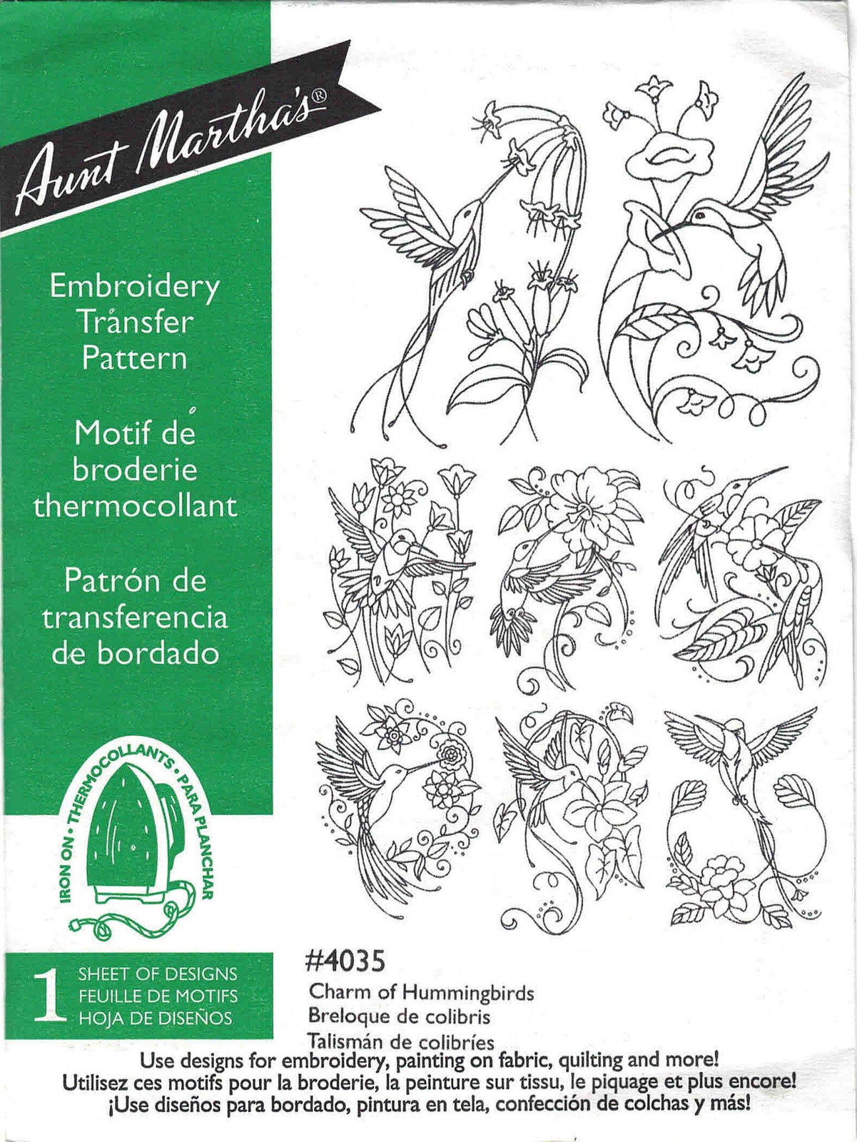 Aunt Martha's Hummingbirds Iron On Transfer Designs for Crafts and Embroidery