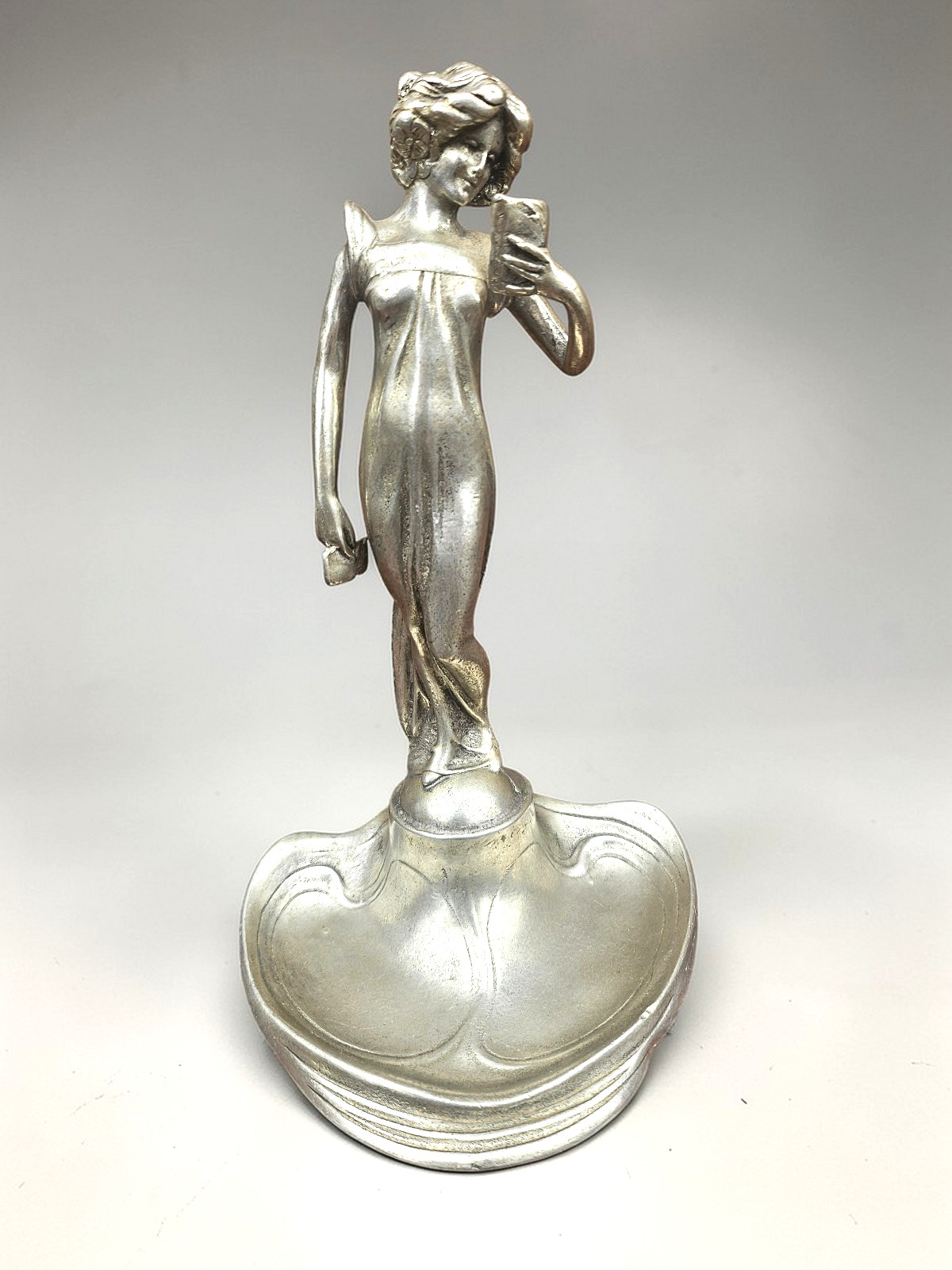 Art Nouveau Woman In Fine Silver-plated Pewter statue  1900s marked