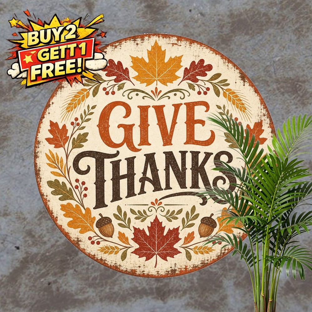 Happy Thanksgiving Autumn Harvest Round Metal Sign Home Decor Plaque 8x8