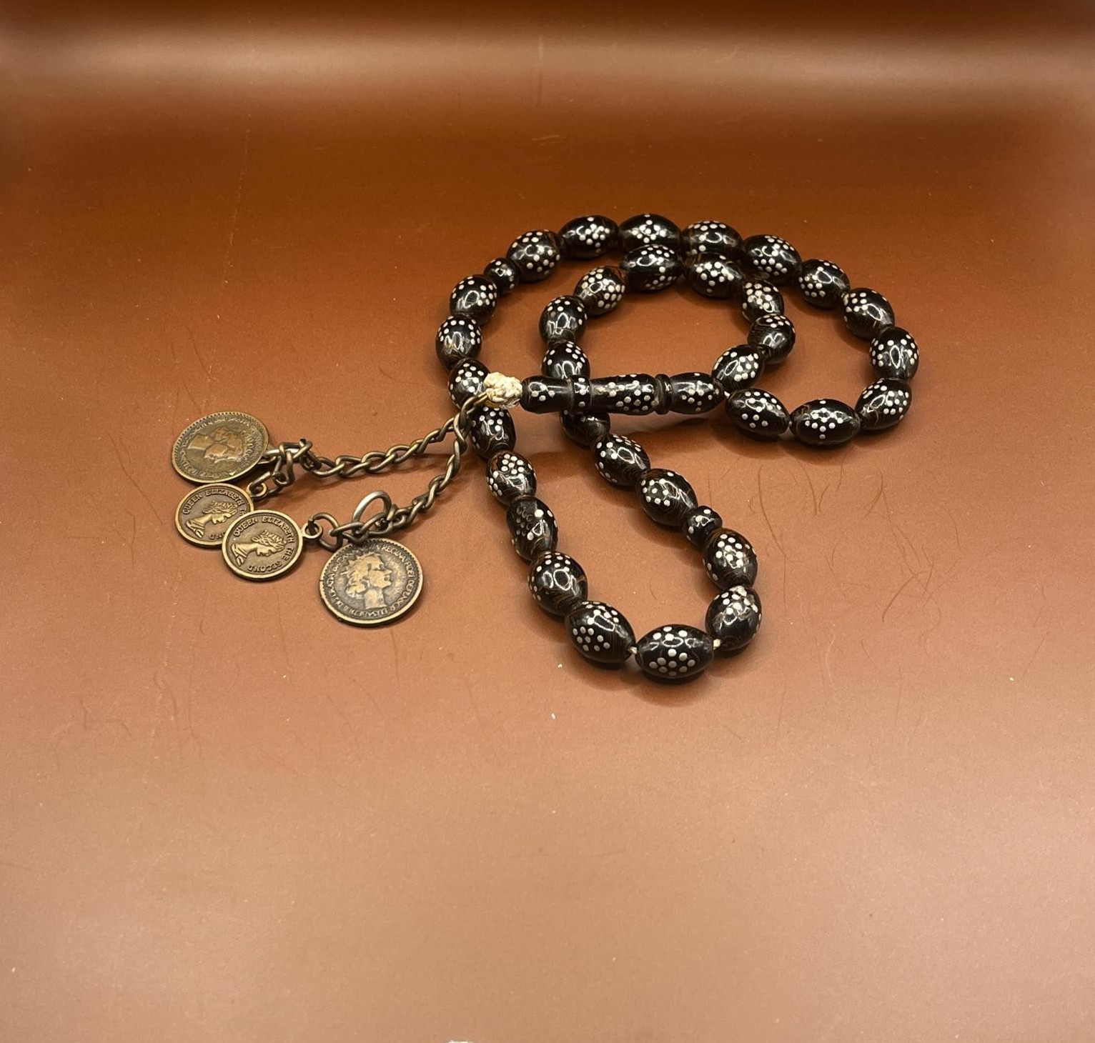 Vintage 49g Misbaha 33 Beads Tasbih Unmarked Silver Inlay Brass Coin Charms