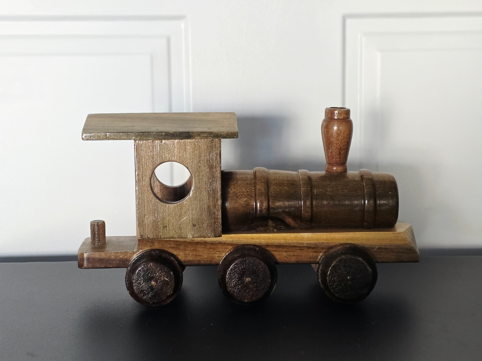Vintage Folk Art Wood Toy Train Engine Made Old Wooden Spools 7.5