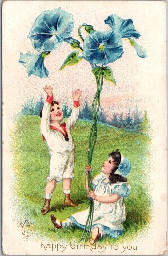 1910s HAPPY BIRTHDAY Postcard Boy & Girl / Giant Blue Flowers - Tuck's UNUSED