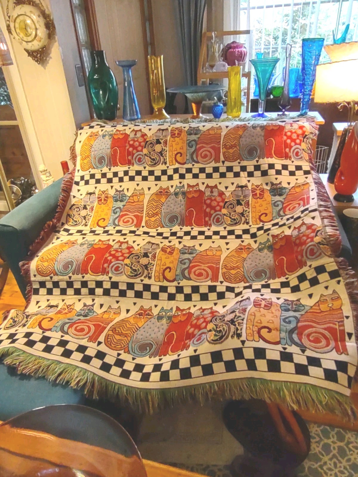Laurel Burch Cat Throw Blanket Tapestry Feline Family Fringe Lap Vintage 50x60
