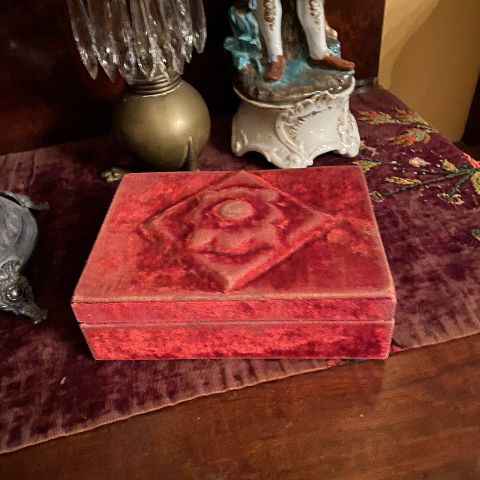 Antique Victorian French Red Velvet Keepsake Vanity Box Silk Lining Raised Lid