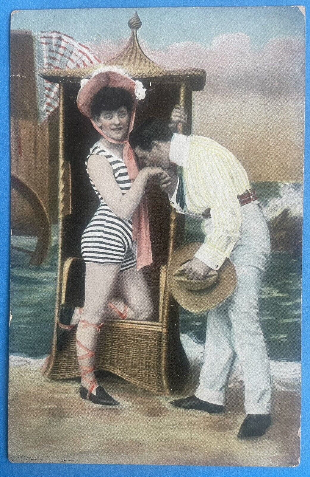 Vintage Postcard Bathing Beauty Beach Striped Swimsuit Man Kissing Hand c1910