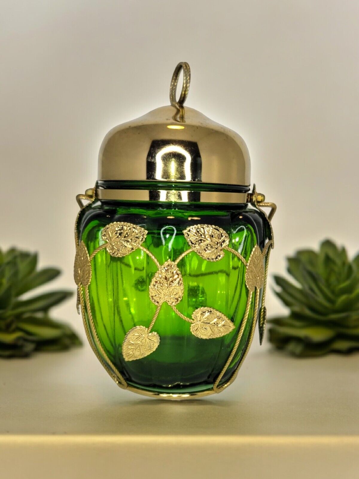 Vtg Emerald Green Glass Musical Biscuit Jar w/ Metal Lid Gold Leaf Outlay Japan