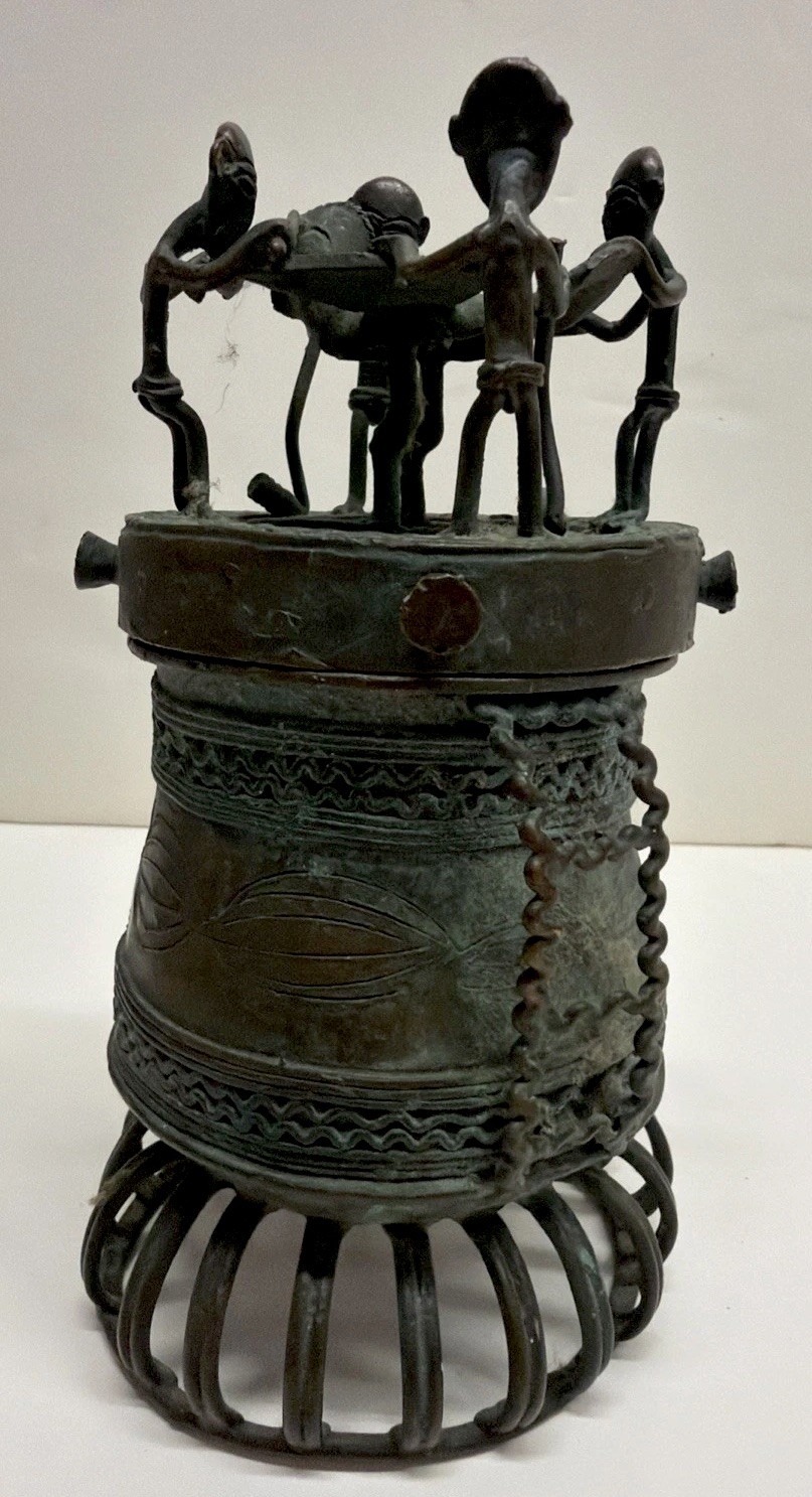 African Tribal Art Figural Lidded Metal Vessel Sculpture 7.5\