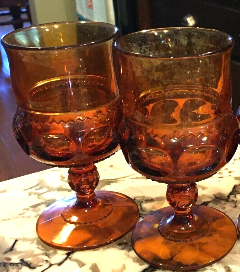 Lot of 2 Vintage Indiana Glass Amber Kings Crown Thumbprint Footed Goblets
