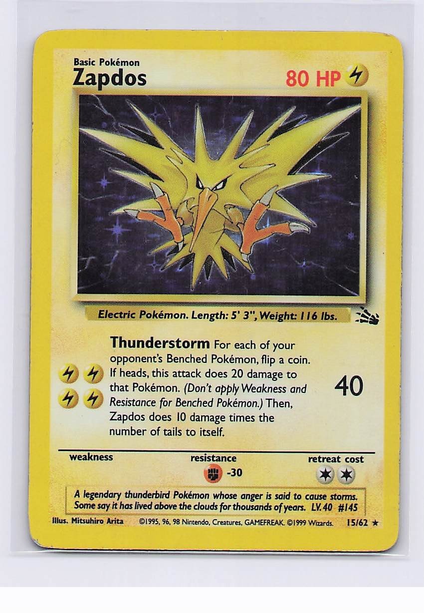 ZAPDOS 15/62 POKEMON RARE FOSSIL UNLIMITED HOLO MP ZAPDOS 15/62 POKEMON RARE FOSSIL UNLIMITED HOLO MP