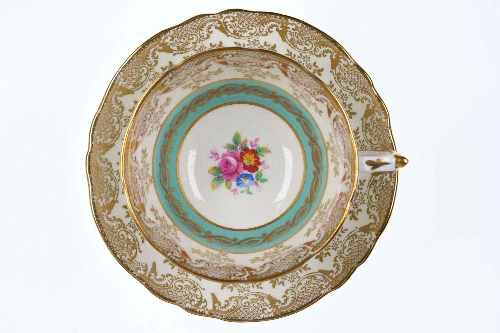 Vintage Paragon Roses bouquet green with gold scrolls Teacup and saucer
