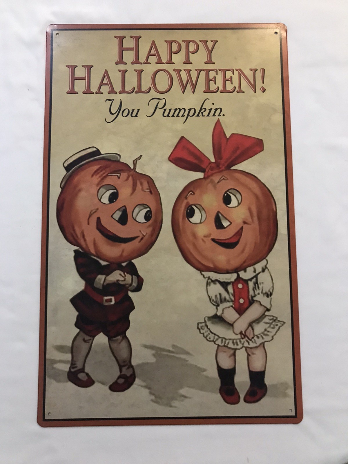 Vintage Metal Sign~Adorable Pumpkin Couple Wishing~HAPPY HALLOWEEN YOU PUMPKIN