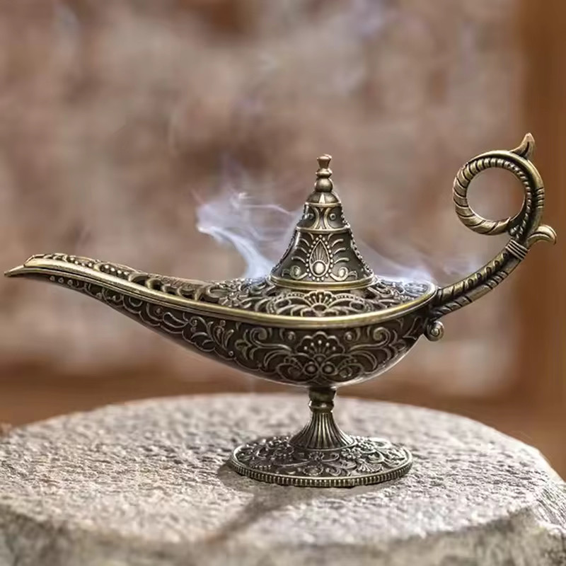 Antique Magic Lamp Conical Incense Burner Alloy Metal Home Decor Table Prop