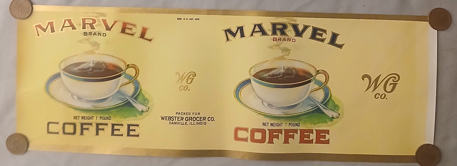 MARVEL BRAND COFFEE VINTAGE LABEL WEBSTER GROCERS DANVILLE, ILLINOIS 1920s MARVEL BRAND COFFEE VINTAGE LABEL WEBSTER GROCERS DANVILLE, ILLINOIS 1920s