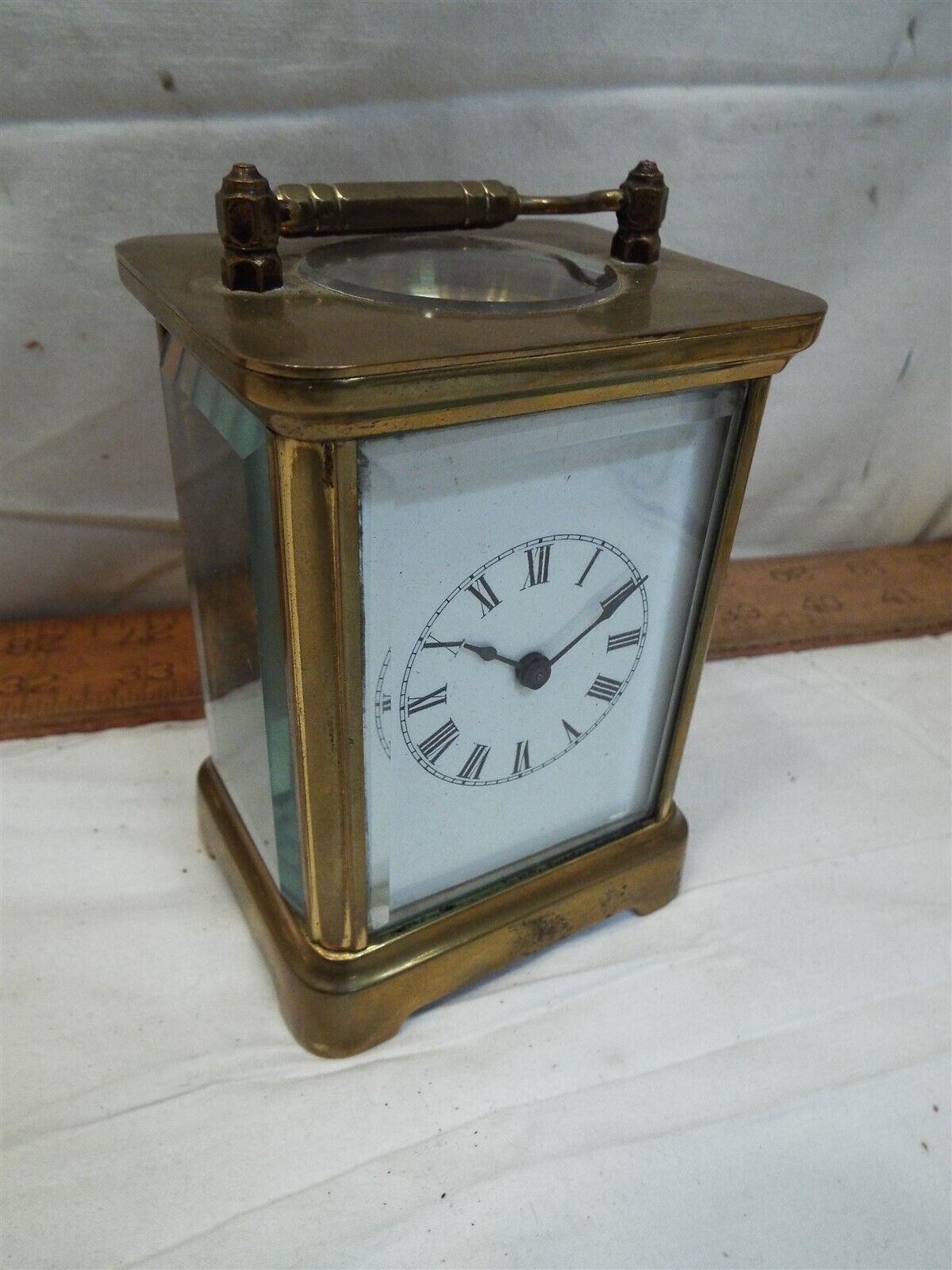 Nice Small Waterbury Co Brass Carriage Clock Beveled Glass Window Porcelain Face