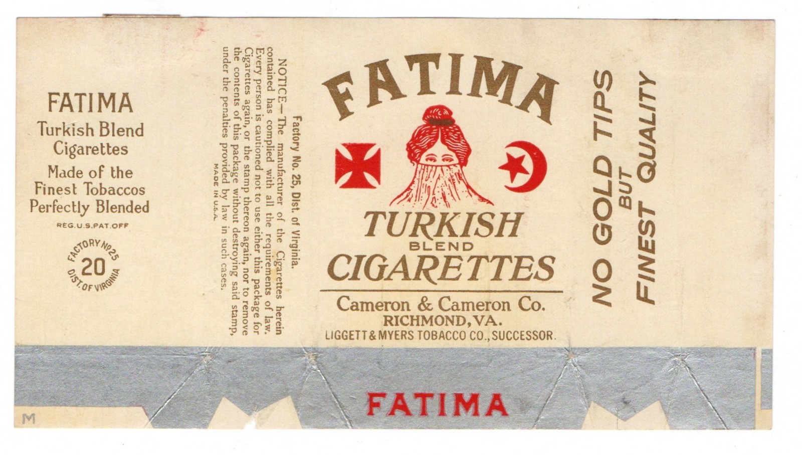 1910s-20s Fatima Turkish Blend Cigarette Pack Wrapper Label 1910s-20s Fatima Turkish Blend Cigarette Pack Wrapper Label