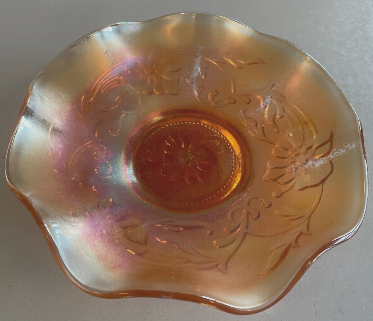 Vintage Iridescent Marigold / Orange Carnival Glass Candy Dish / Bowl 7.5\ Vintage Iridescent Marigold / Orange Carnival Glass Candy Dish / Bowl 7.5\