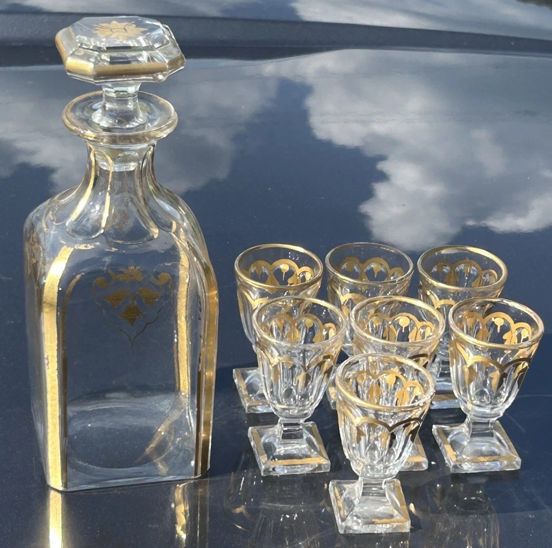 Antique Baccarat Mid 19th Century Decanter & 7 Liquor Glasses Gold Gilded Blown