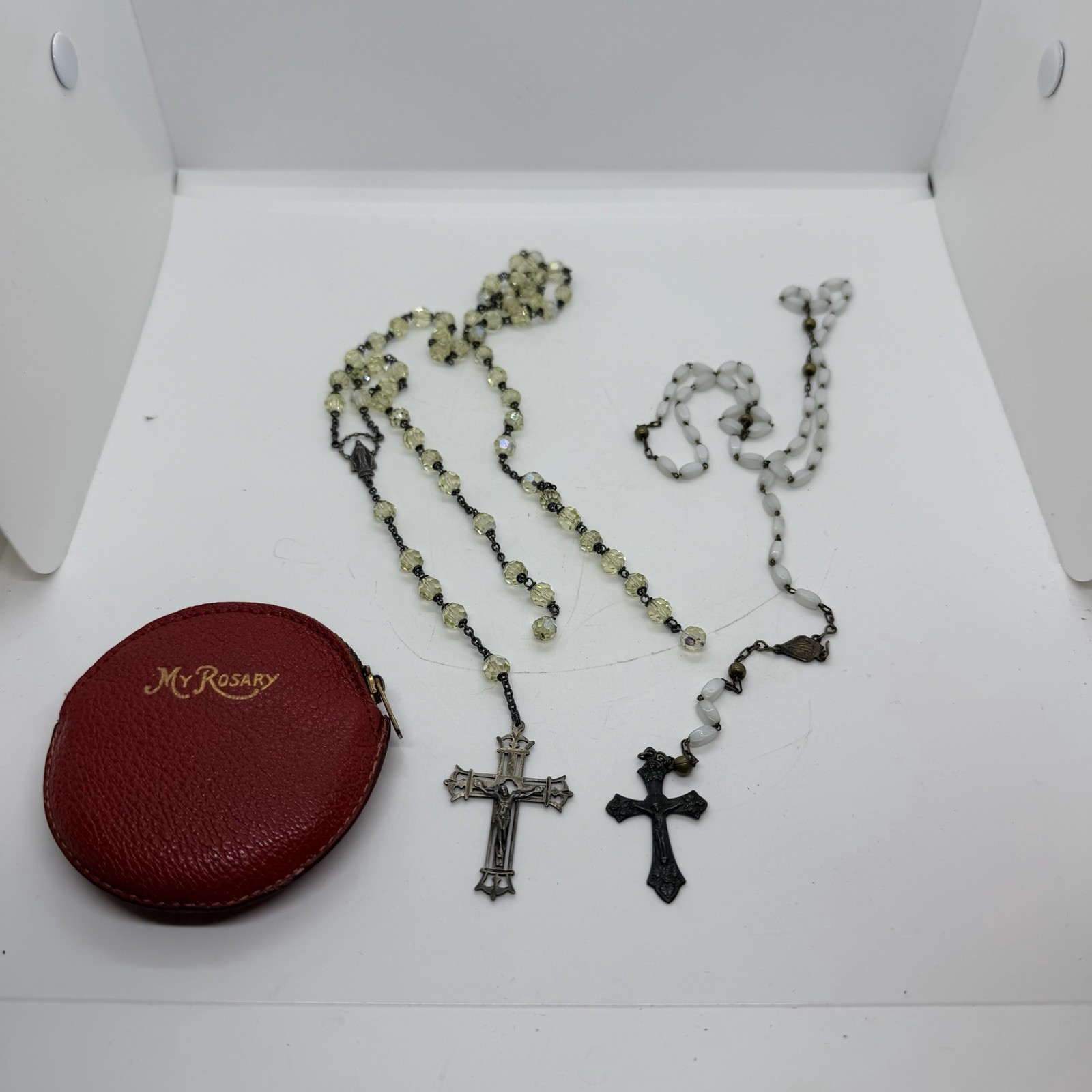 Vintage 1950 Roma Rosary Set Sterling Crucifix Glass Beads w Leather Case