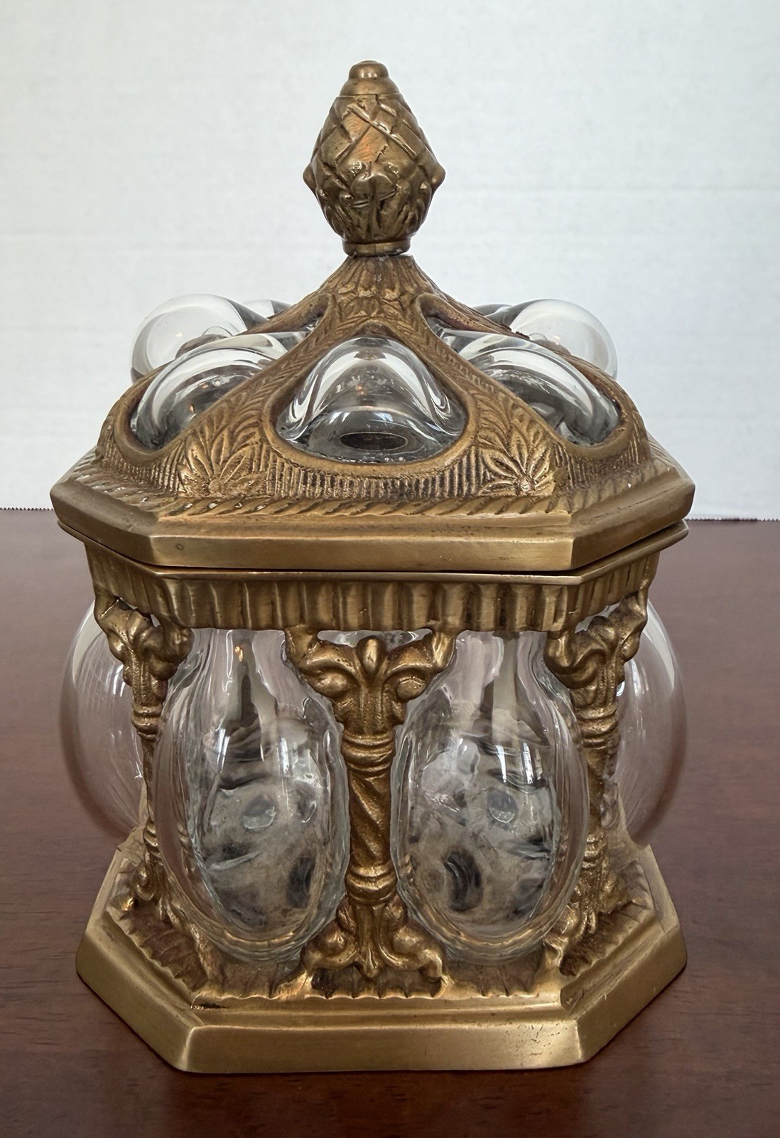 Baroque Brass Hand Blown Bubble Glass Lidded Apothecary Jar PLZ READ