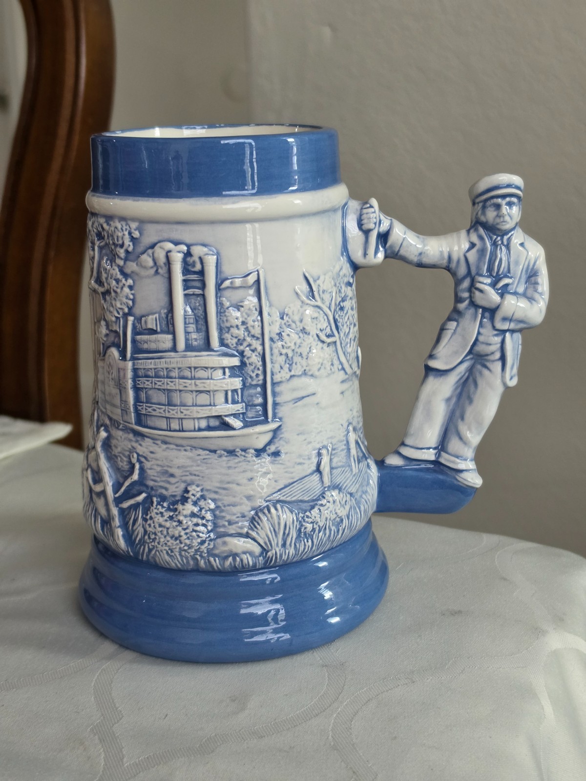 VINTAGE Steamboat Porcelain Stein Blue & White Handle Riverboat Captain 1980’s