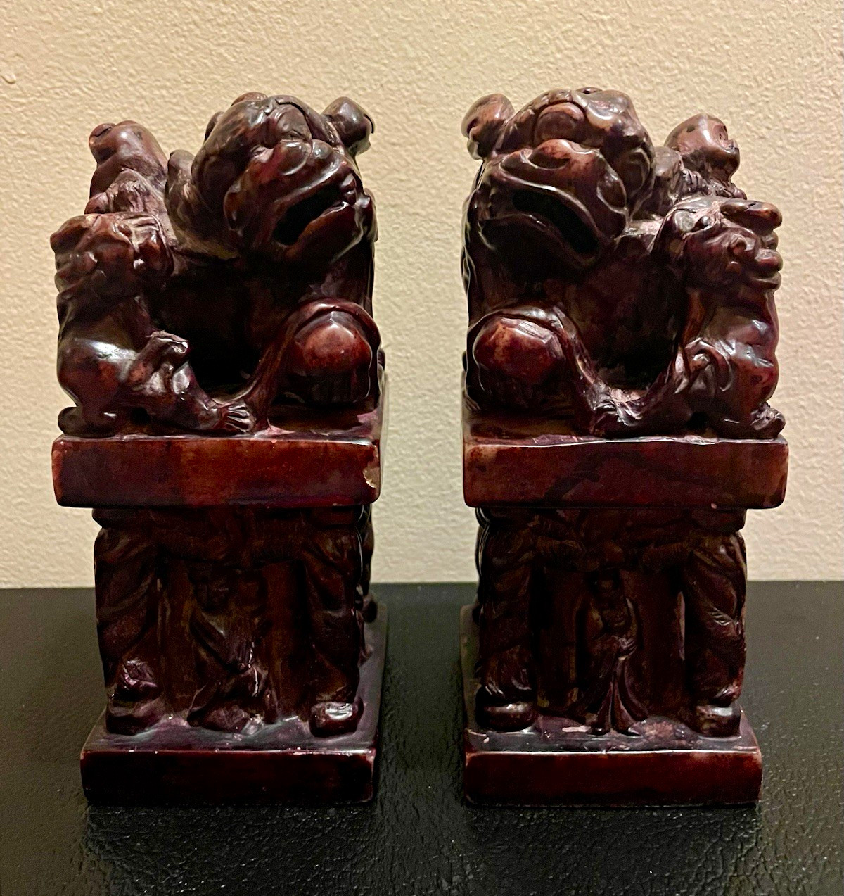 Vintage Chinese Soapstone Foo Dog Bookends Pair 1950s Guardian Lions 8” x 3”