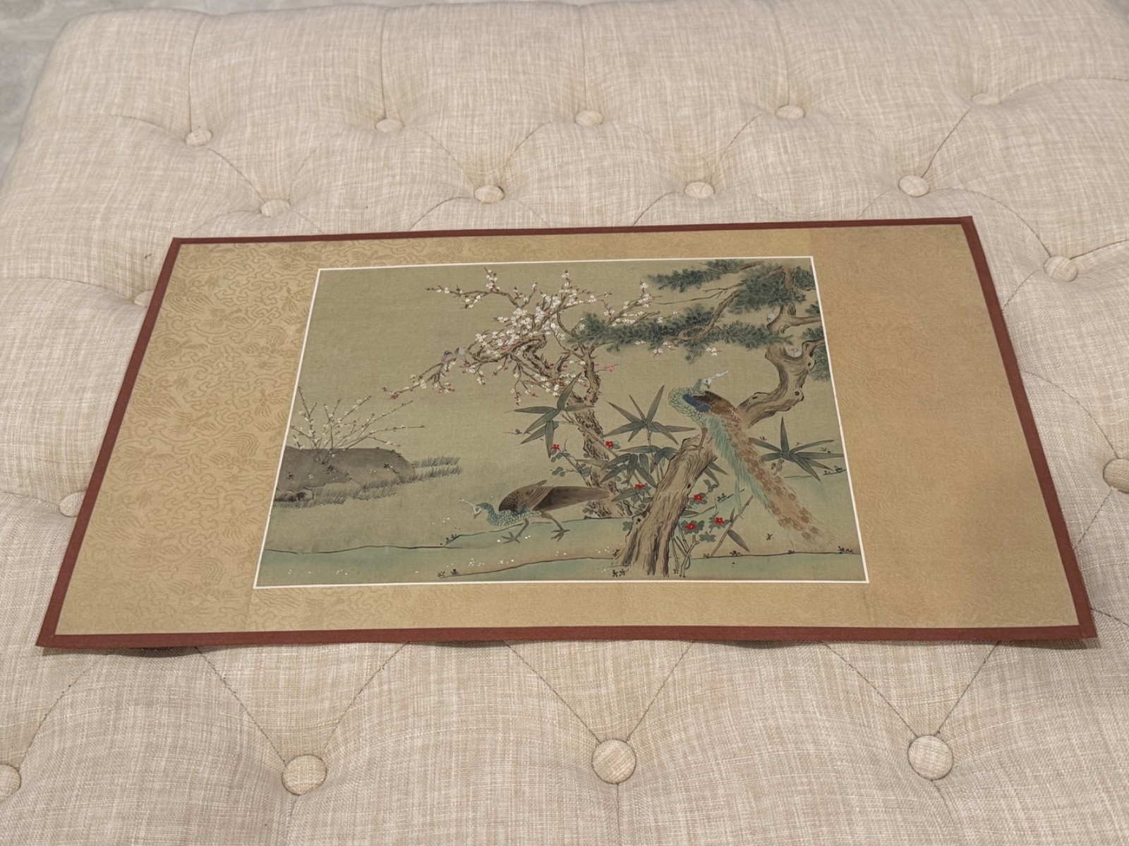 Vintage Chinese Painting on Silk / Fabric of Peacocks and Flowering Tree