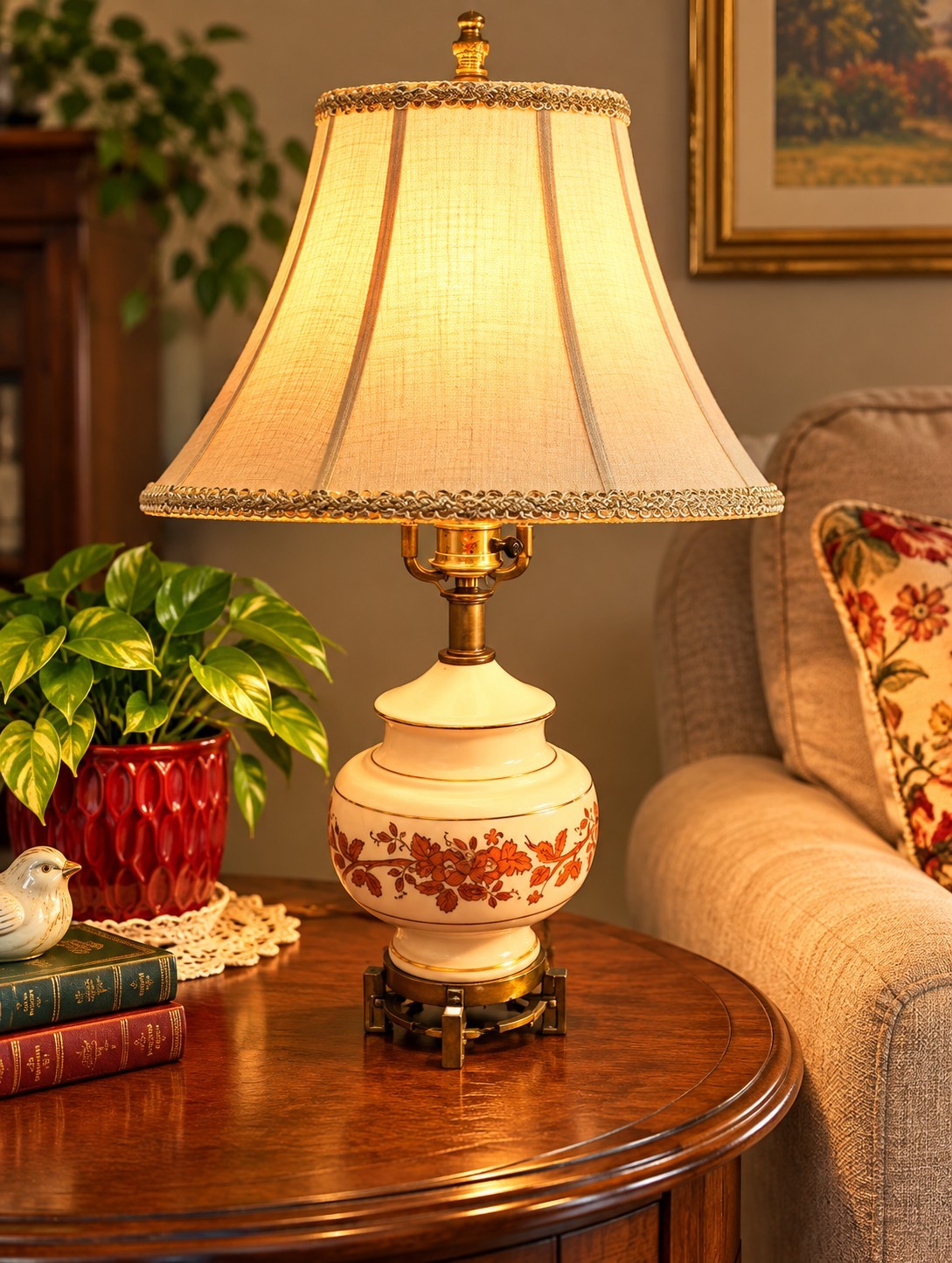 Vintage 70s Parlor Lamp GWTW Retro Orange Floral 22\