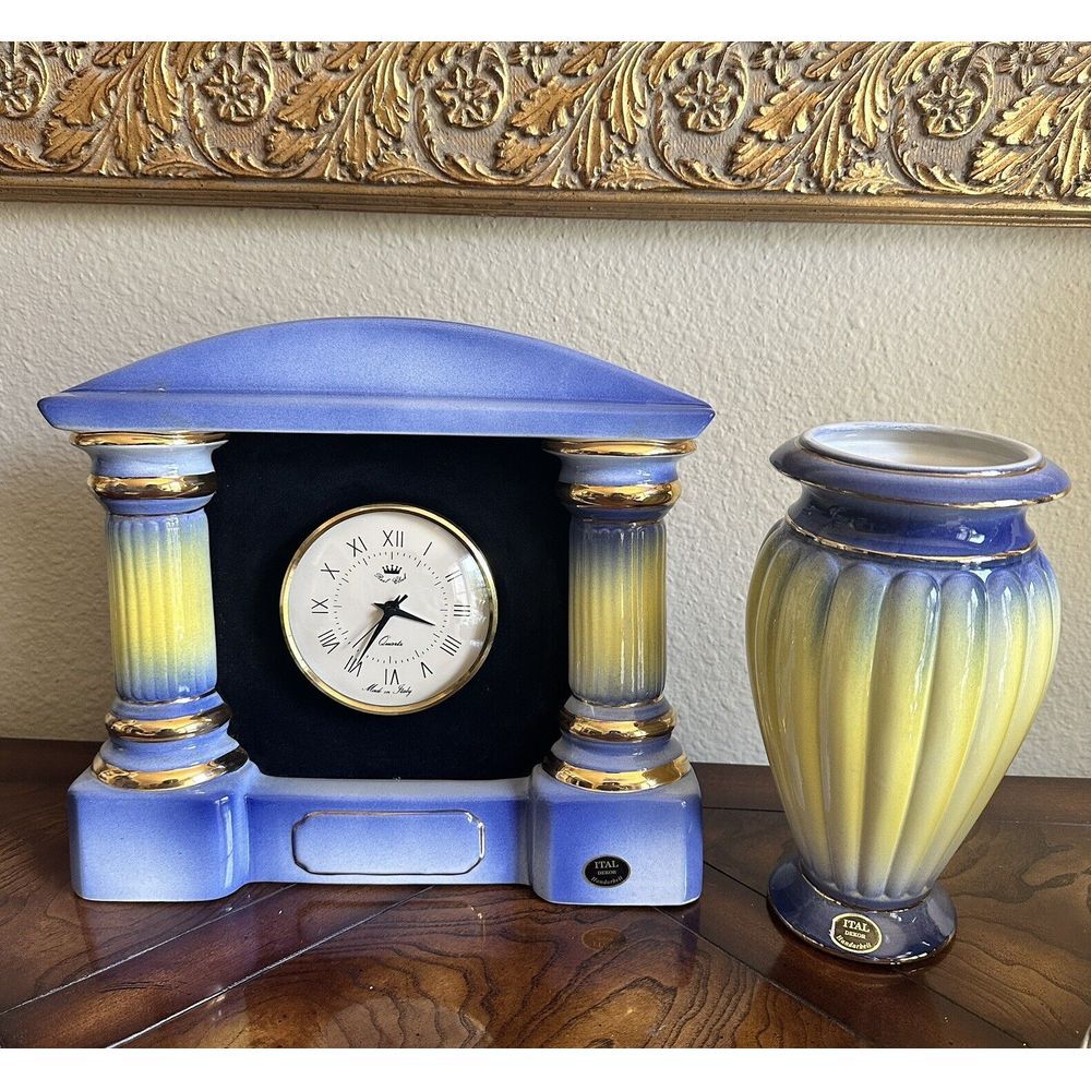 VTG Mantle Clock 10 Inch Italy Blue Yellow Gold Accent Vase Porcelain Works VTG Mantle Clock 10 Inch Italy Blue Yellow Gold Accent Vase Porcelain Works