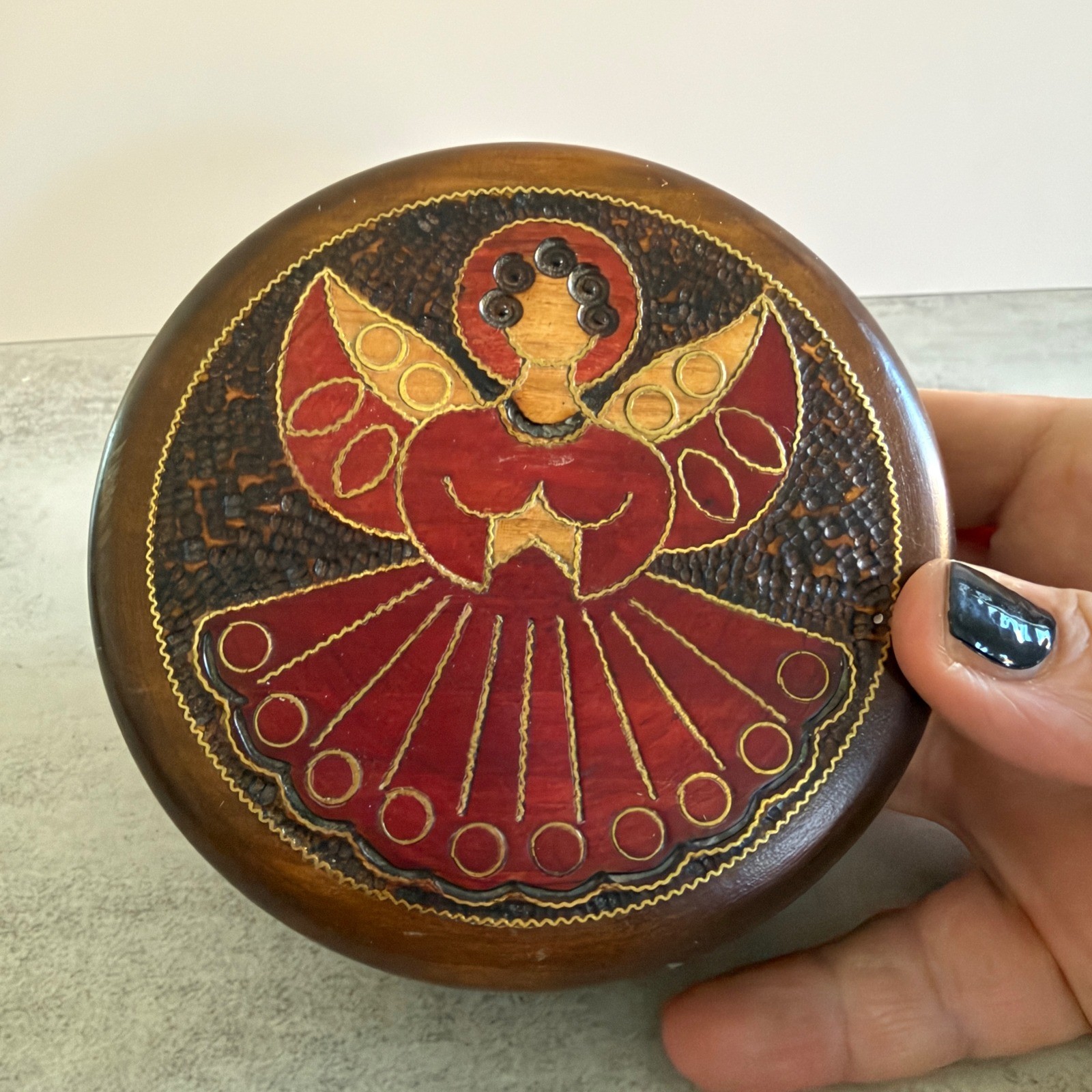 Vintage Handcrafted Wooden Angel Trinket Box Folk Art Wood Burned Keepsake Bowl Vintage Handcrafted Wooden Angel Trinket Box Folk Art Wood Burned Keepsake Bowl