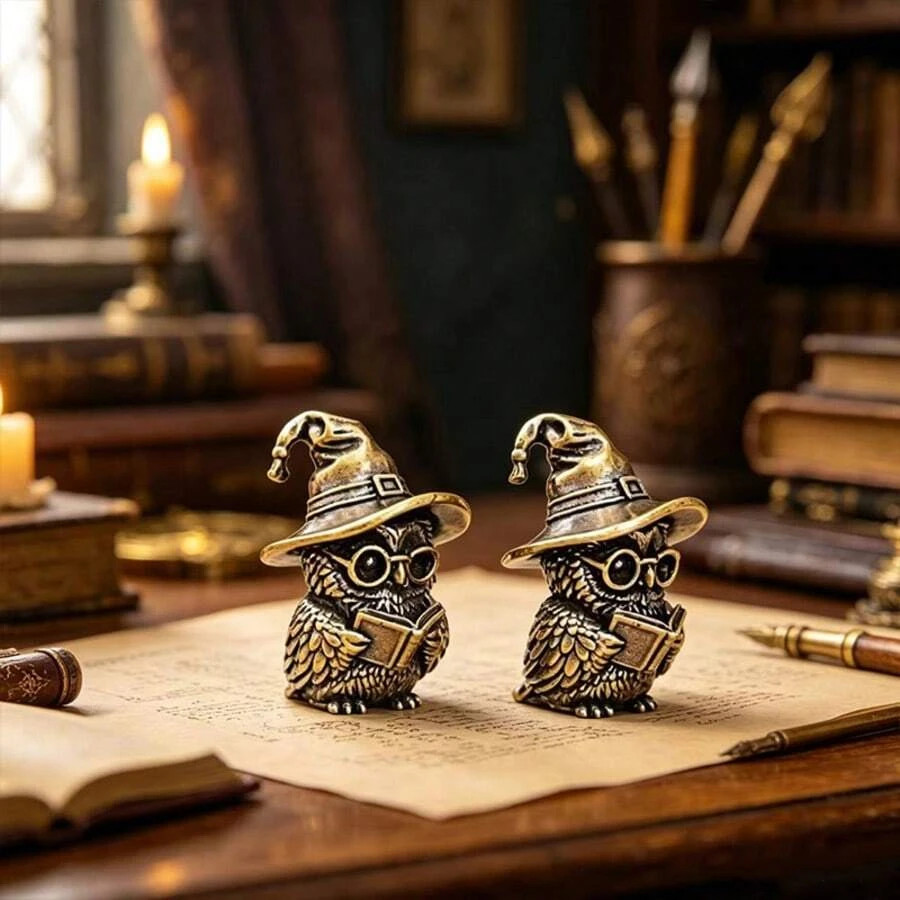1pc Brass Wizard Owl Figurine Reading Book Vintage Fantasy Desk Decor Gift