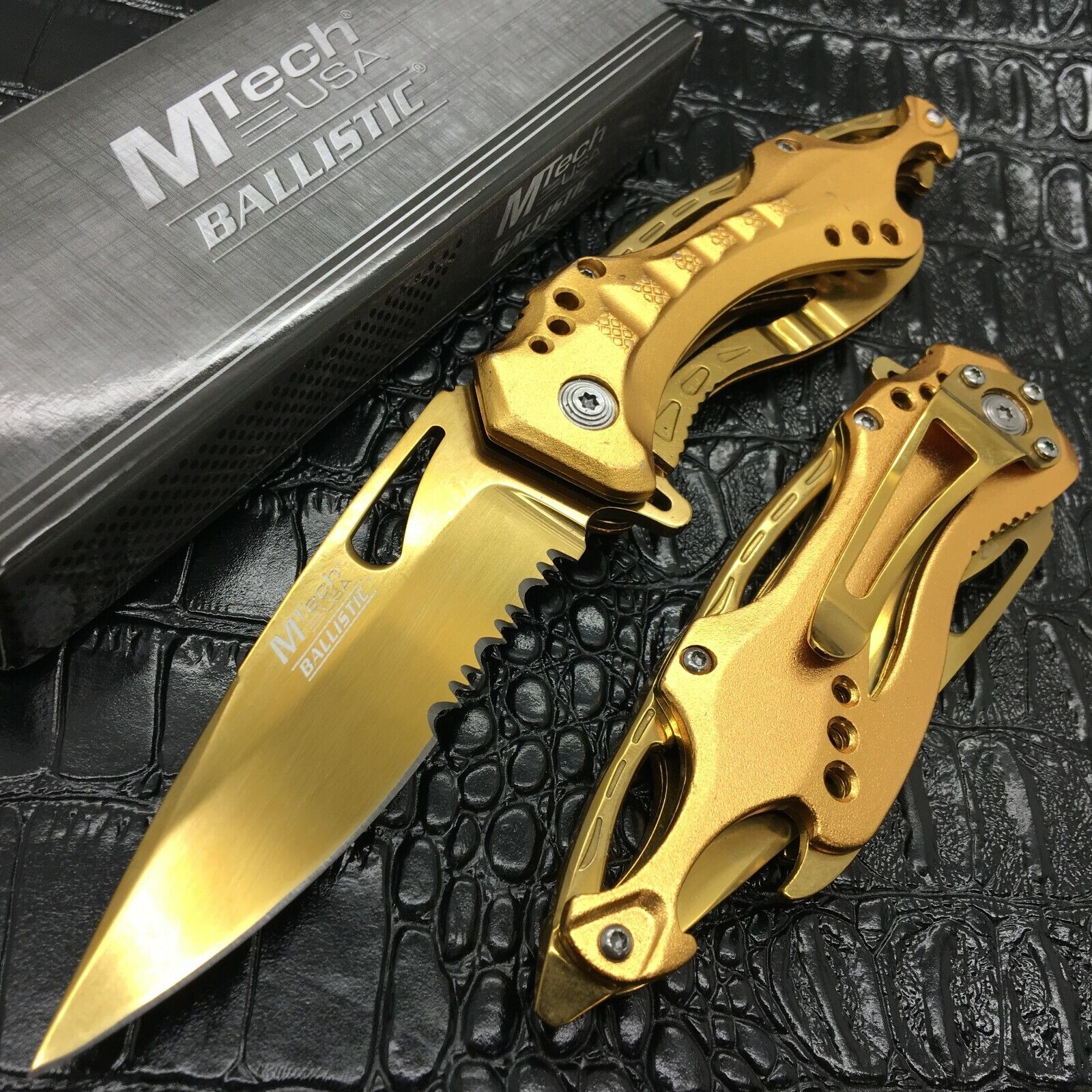 M-Tech Spring Assisted ALL GOLD TI-Coated Aluminum Tactical Rescue Pocket Knife