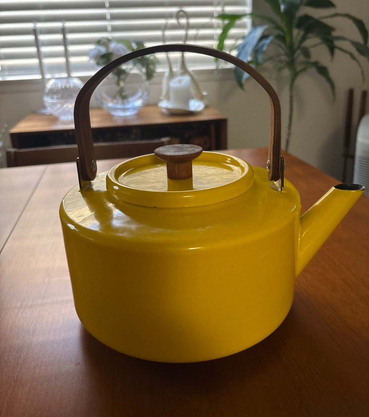 Copco Michael Lax Design 117 Tea Kettle Yellow Enamel W/Teak Wood Handle Vintage