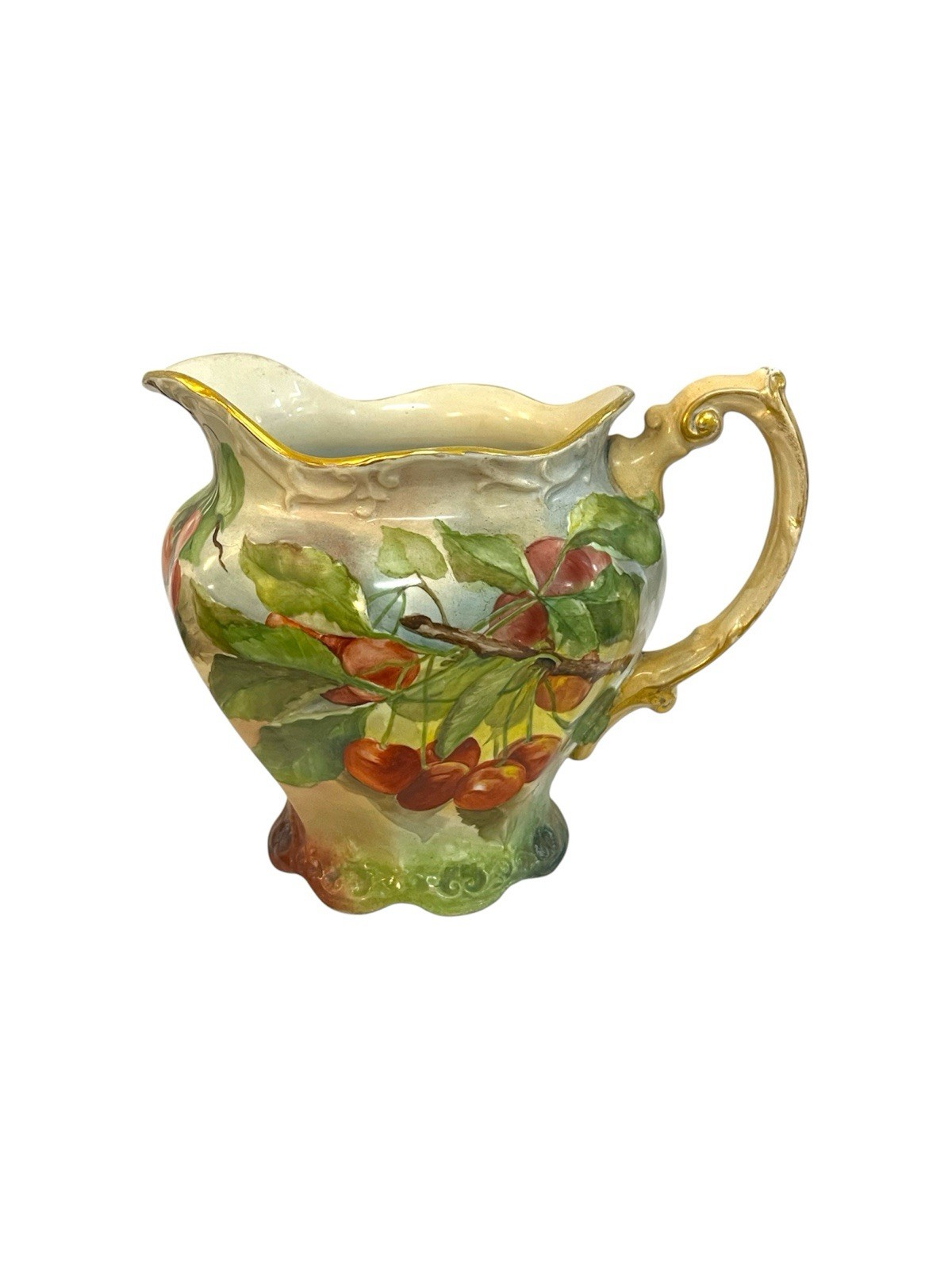 Antique Maddocks Lamberton Works Royal Porcelain Cherry Water Pitcher Jug Gold
